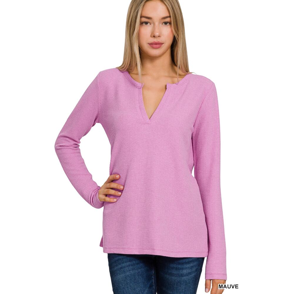 NWT MAUVE BABY WAFFLE V-NECK LONG SLEEVE TOP - Medium